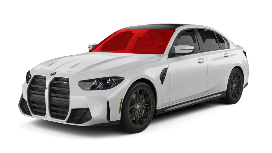 A white bmw m3 with a red windshield on a white background.