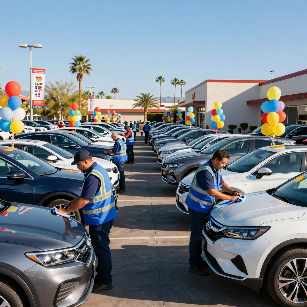 FLAT Staffing workers in blue vests staging and detailing cars on a Phoenix dealership lot