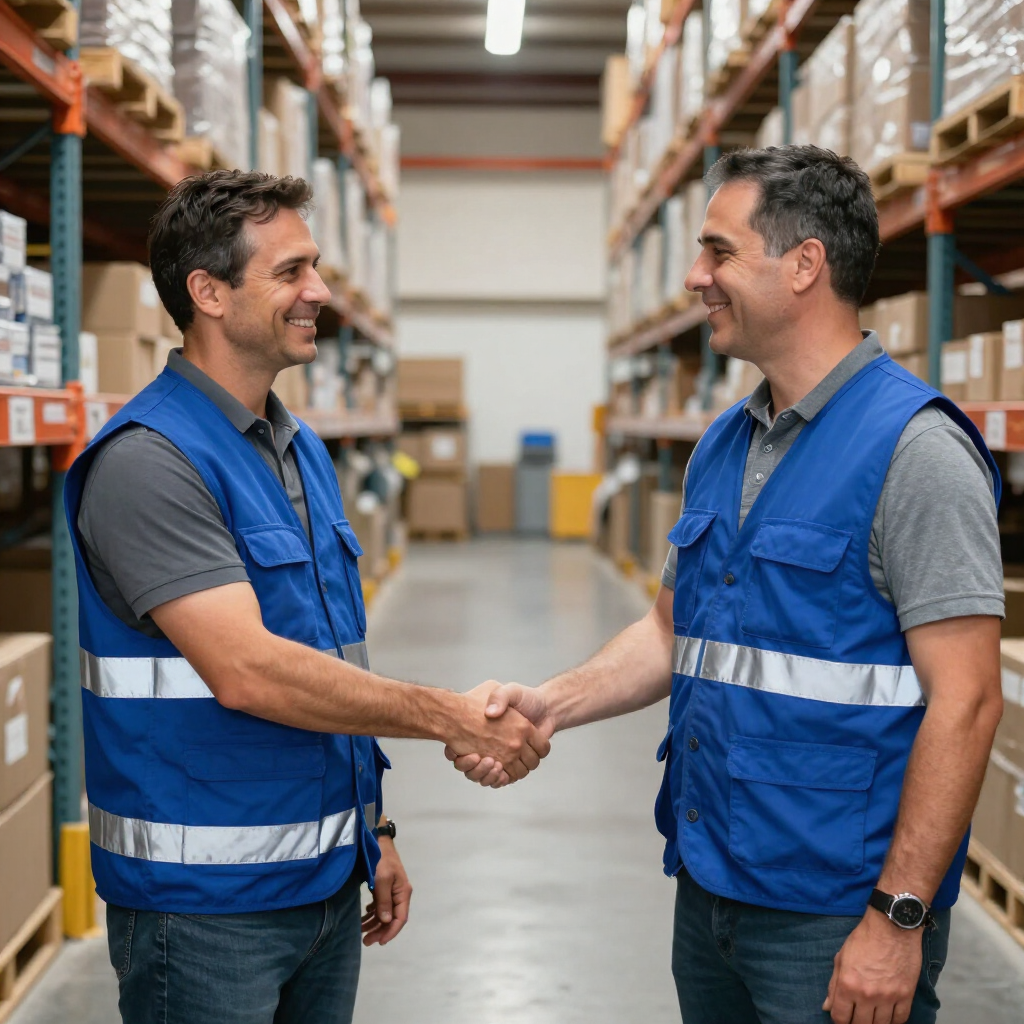 Warehouse worker shaking hands with a supervisor, both in blue FLAT Staffing vests, in a Phoenix warehouse