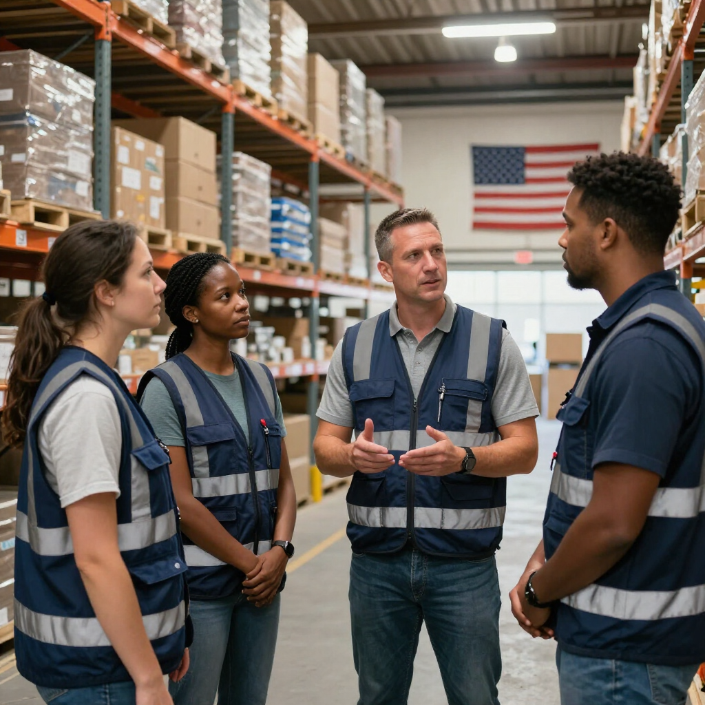 Military veteran in a blue FLAT Staffing safety vest leading a team at a Phoenix warehouse