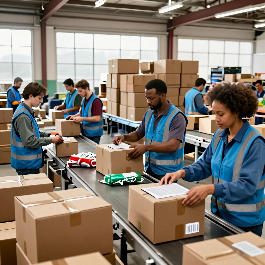 FLAT Staffing workers in blue vests processing holiday returns at a Phoenix warehouse