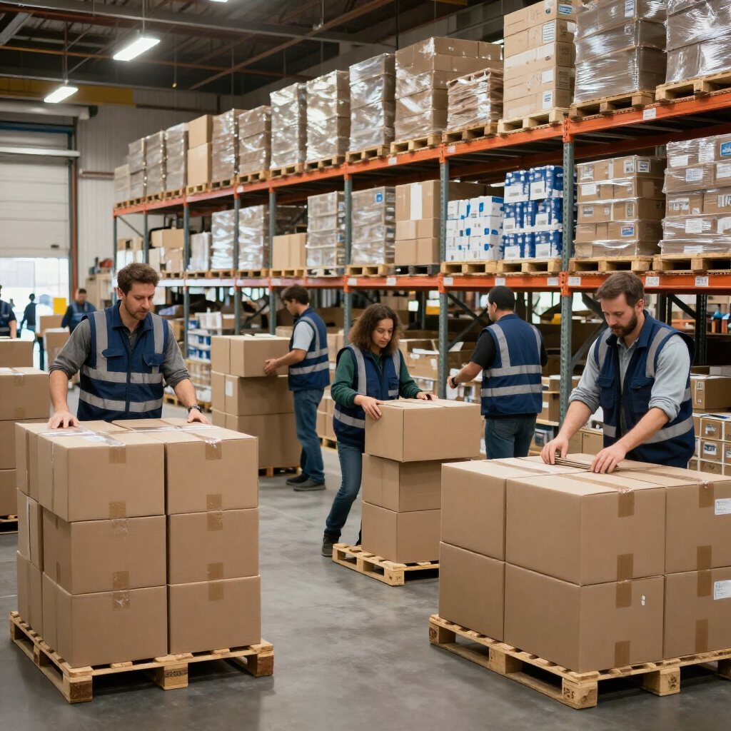 Warehouse team in blue FLAT Staffing safety vests working a busy peak season shift in Phoenix