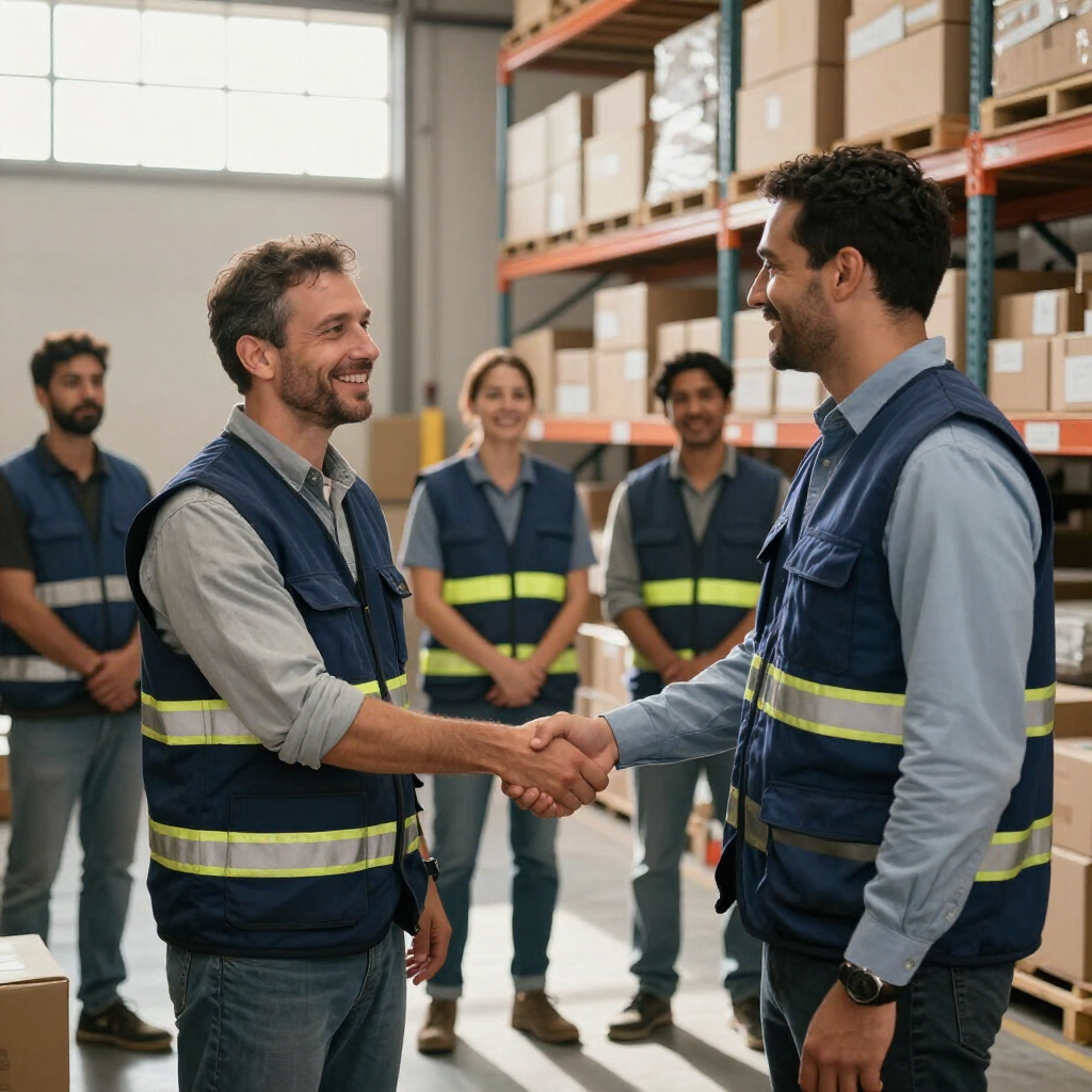 Warehouse worker in a blue FLAT Staffing vest shaking hands with a supervisor in a Phoenix warehouse