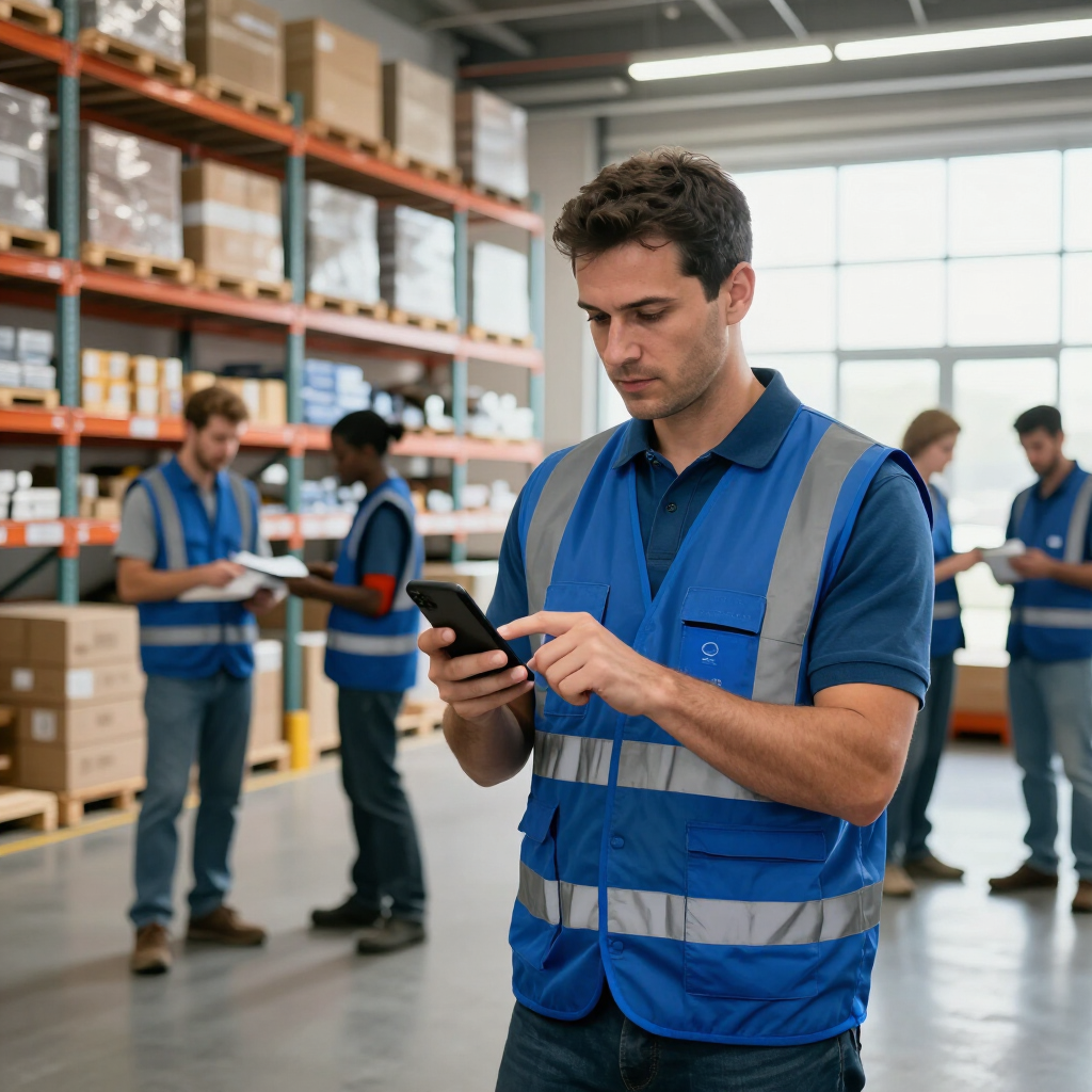 FLAT Staffing worker in a blue vest clocking in on a smartphone at a Phoenix warehouse