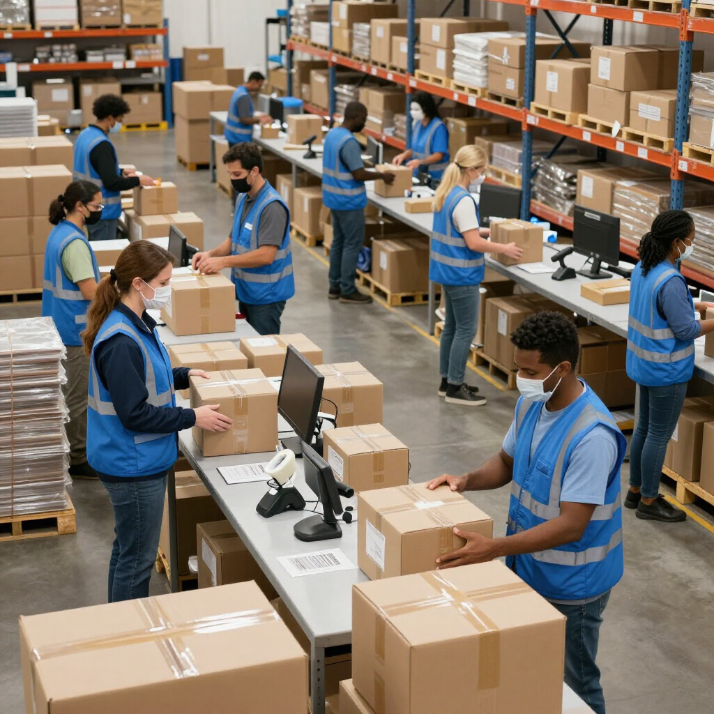FLAT Staffing workers in blue vests packing holiday orders at a busy Phoenix fulfillment center