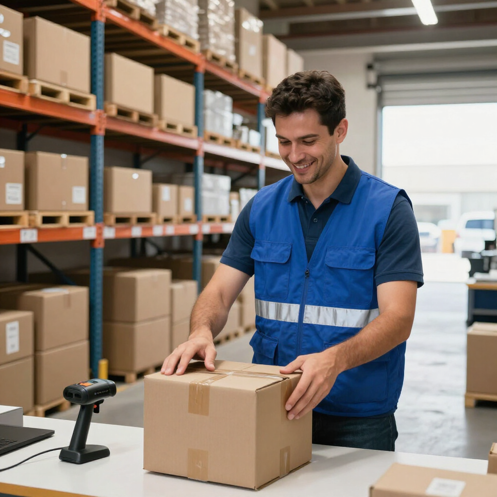 Warehouse worker in a blue FLAT Staffing vest packing an order at a packing station in a Phoenix warehouse