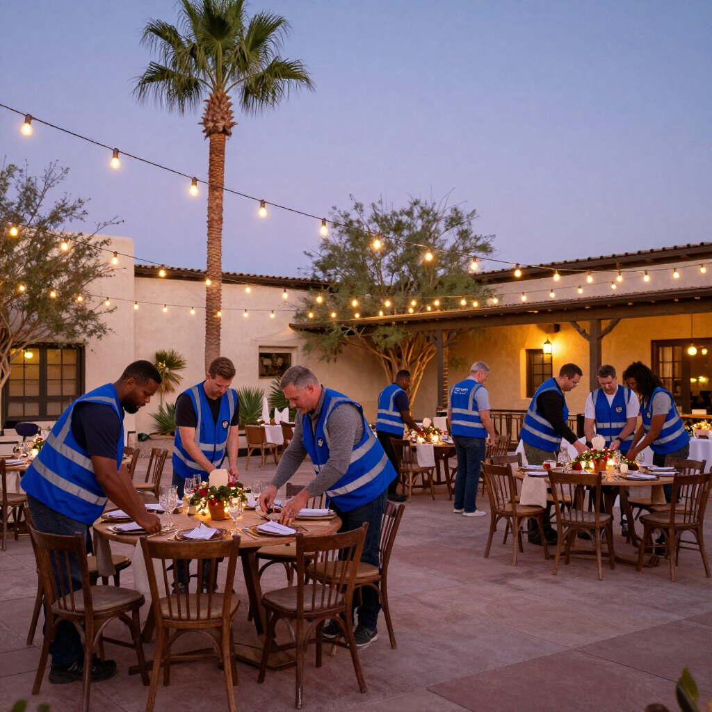 FLAT Staffing event crew in blue vests setting up a holiday event venue in Phoenix