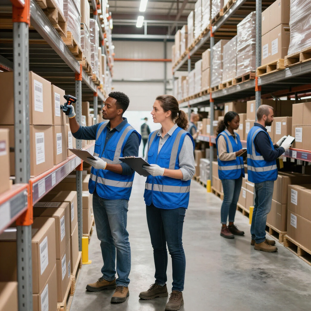 FLAT Staffing workers in blue vests scanning and counting inventory in a Phoenix warehouse