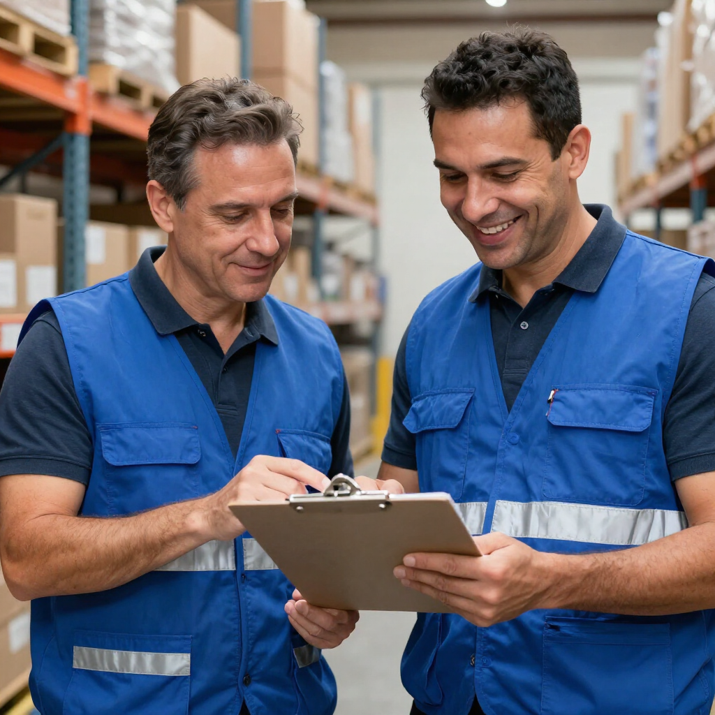 Supervisor and worker in blue FLAT Staffing vests reviewing a job order on a clipboard in a Phoenix warehouse