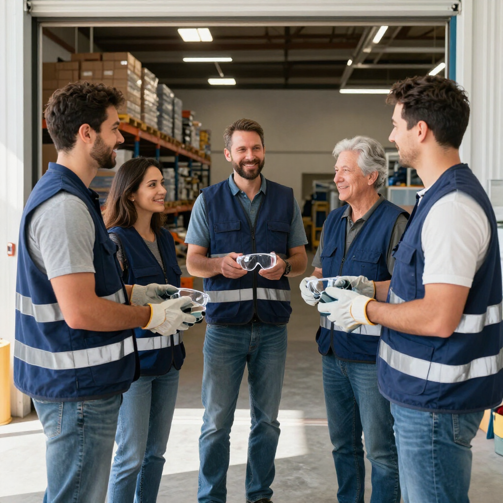 Supervisor welcoming new temporary workers in blue FLAT Staffing vests at a Phoenix warehouse