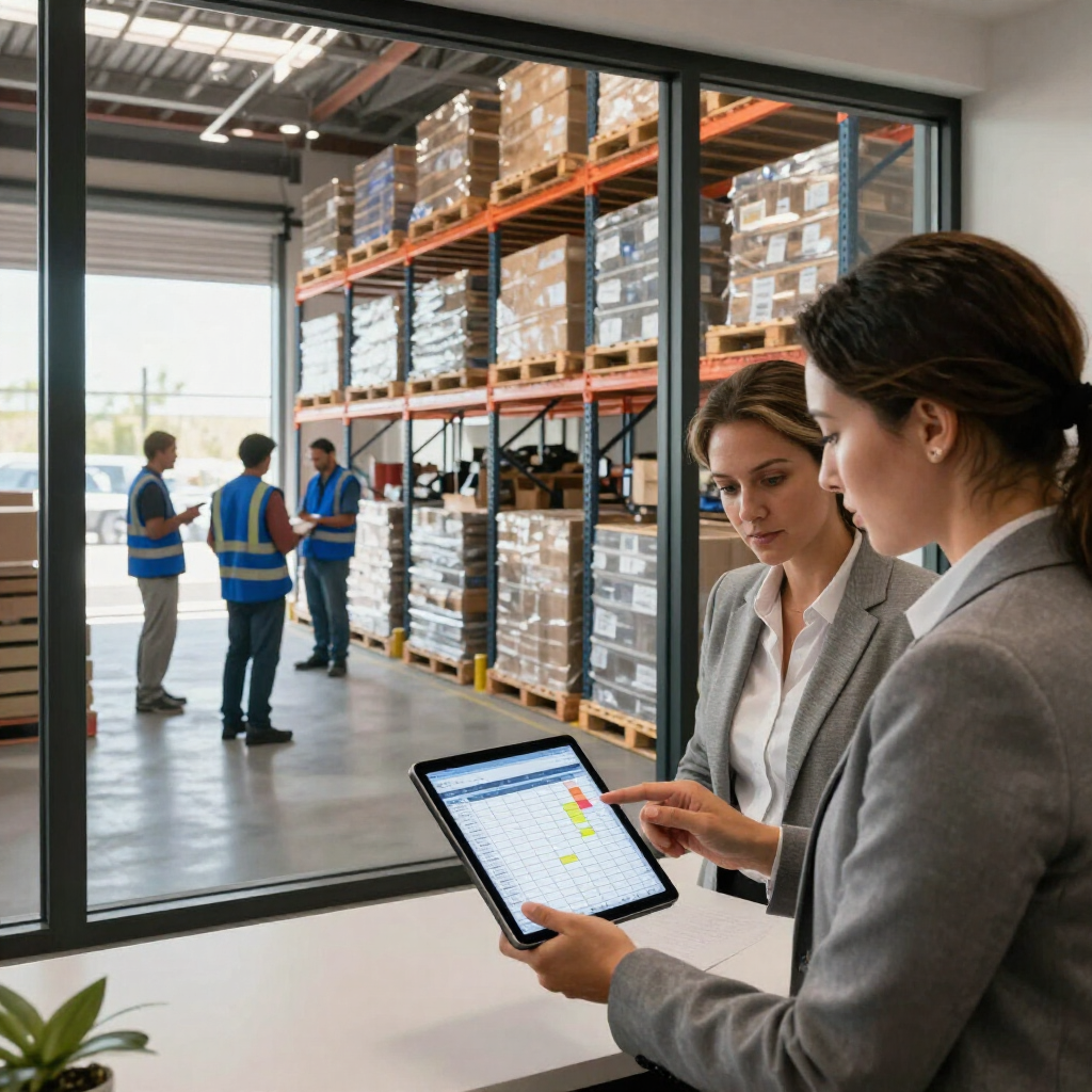 FLAT Staffing team members in blue vests reviewing a staffing plan at a Phoenix warehouse
