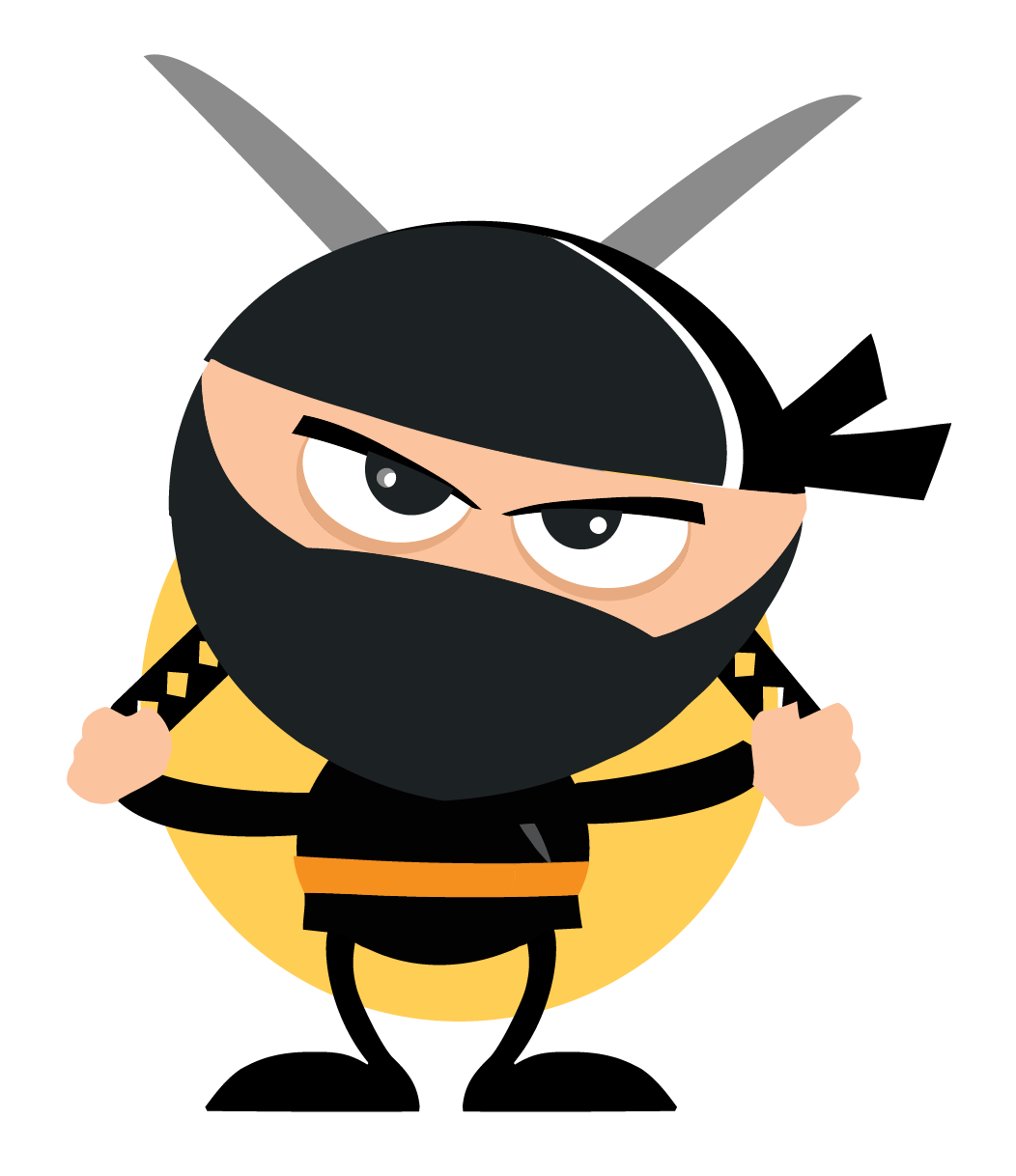 Cartoon ninja in black and yellow with crossed swords on a yellow circle background
