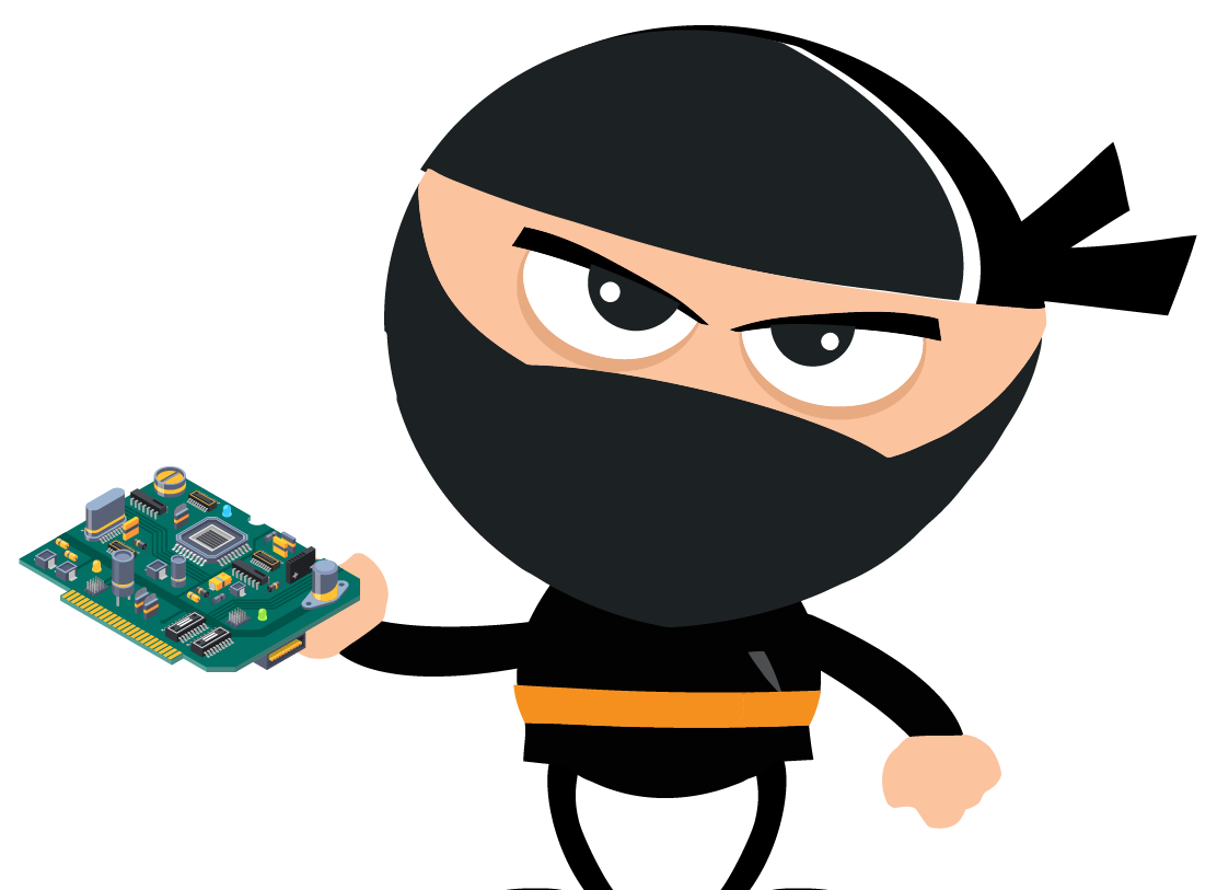 A cartoon ninja holding an assembled printed circuit board.
