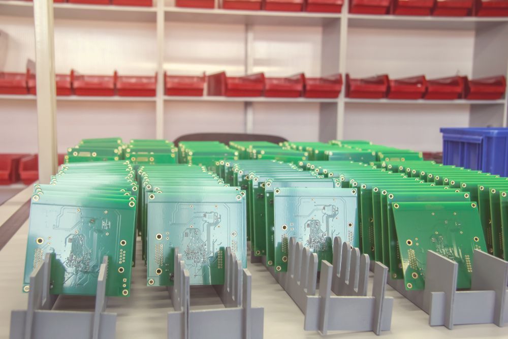 Rows of green and teal industrial cabinets or server units in a factory-like room