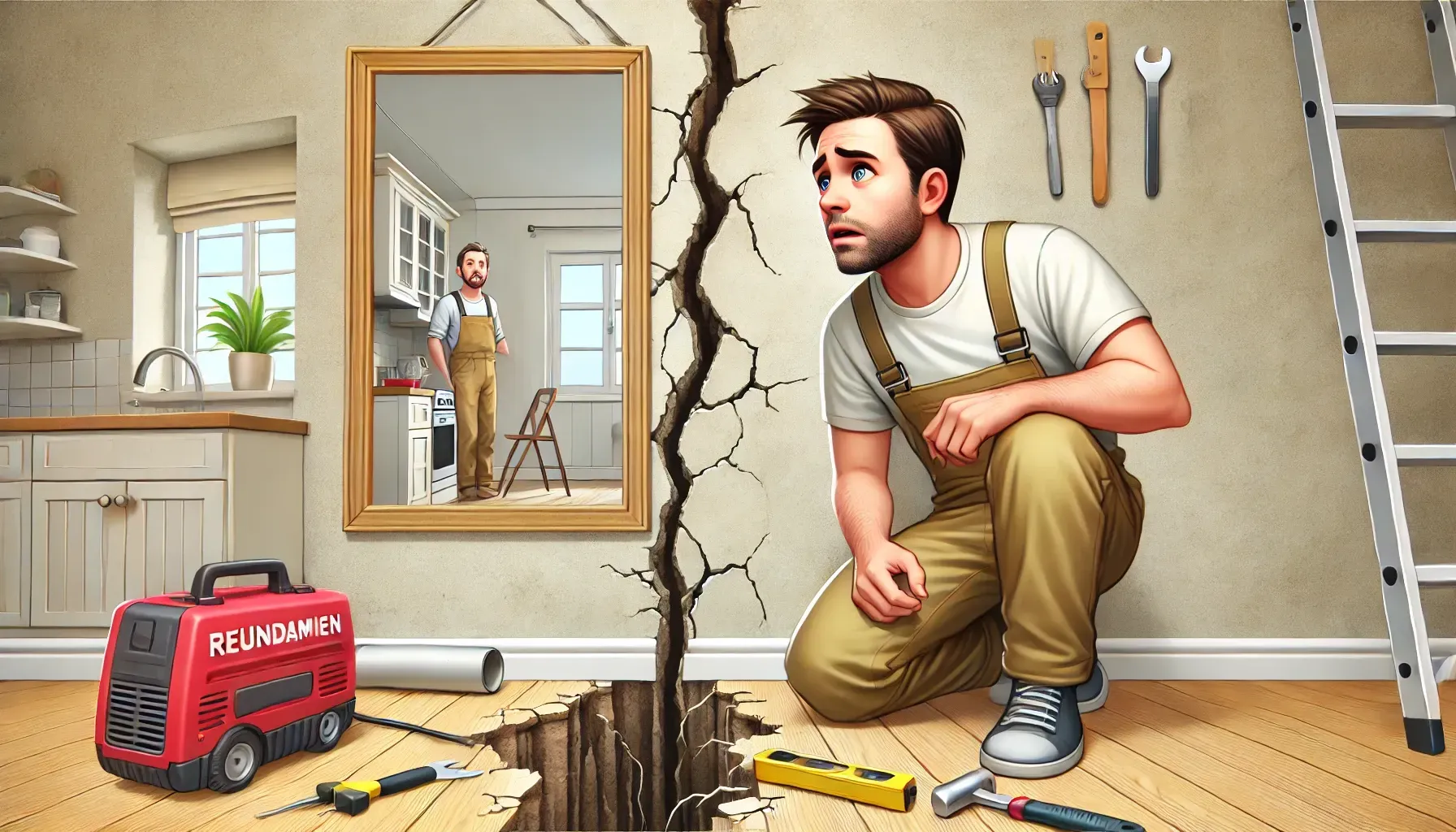 Cracks in Foundation and Walls. A man is visibly a little panicked over the cracks