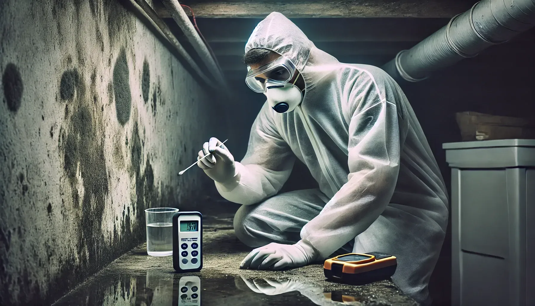 Mold Testing, Mold Removal and Mold Remediation in progress by a professional in a hazmat suit.