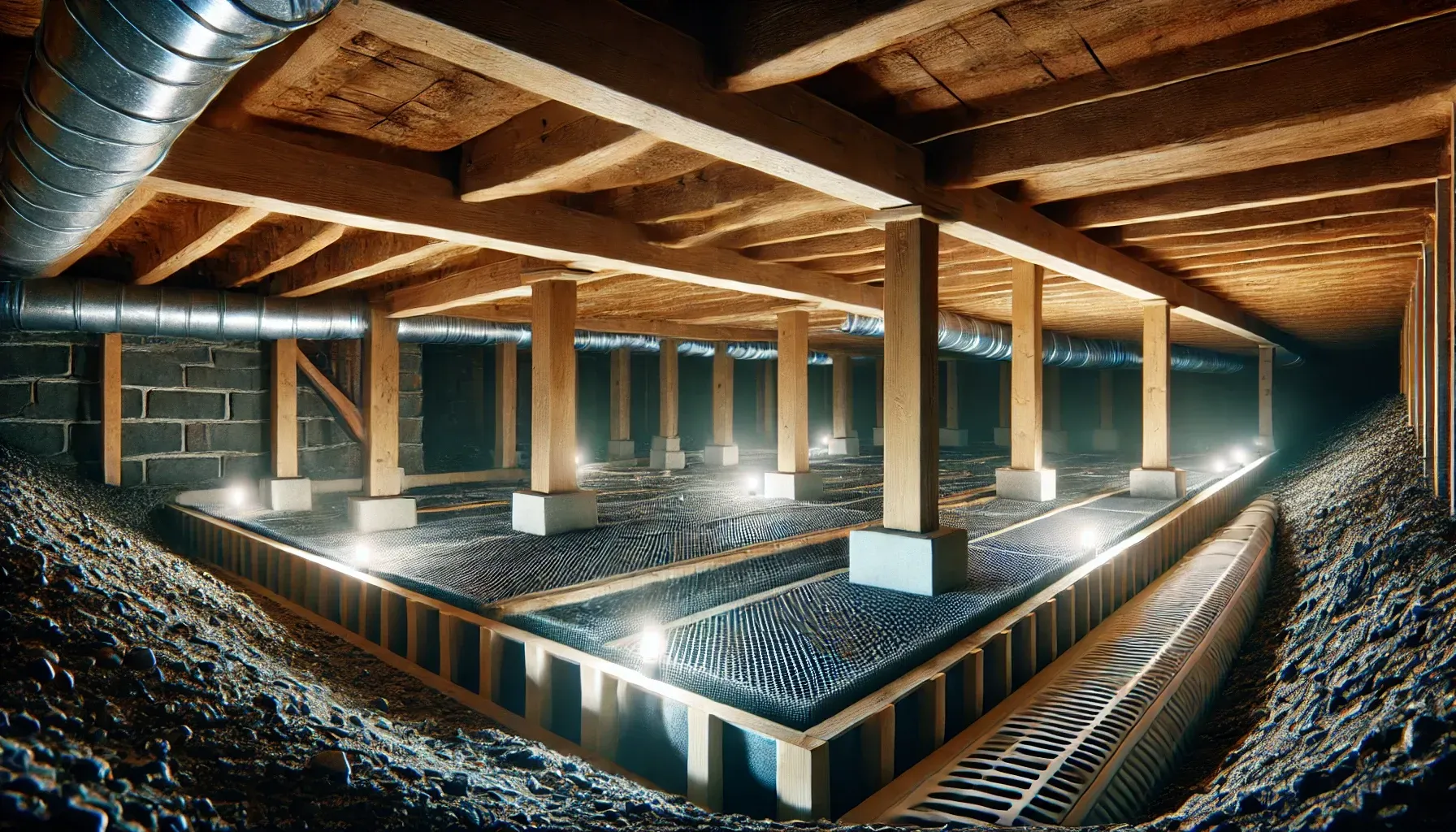 Visual of a crawl space foundation beneath a house, featuring wooden beams, brick walls, insulation