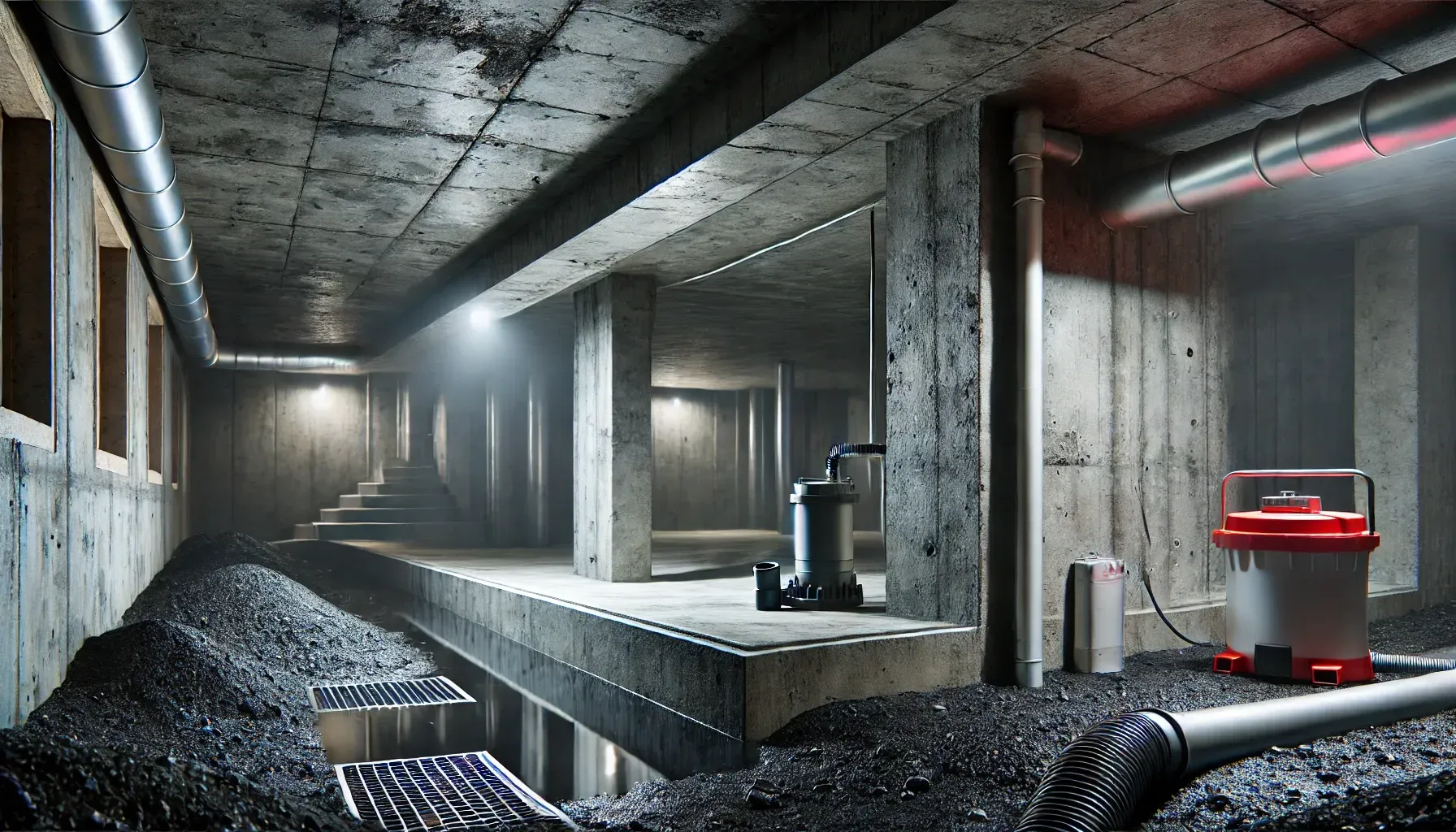 Depiction of a basement foundation with concrete walls, a sump pump system, drainage pipes