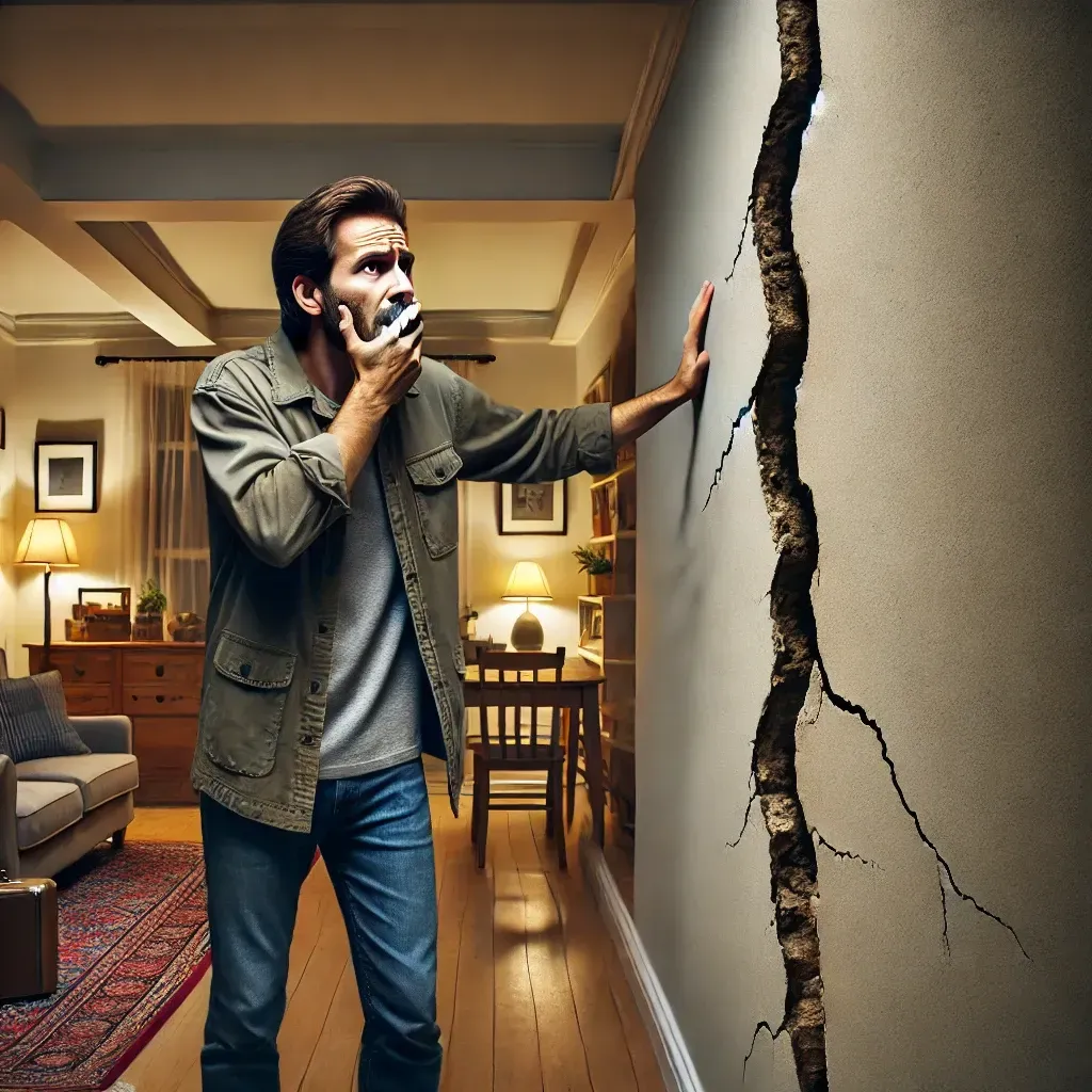 A middle-aged homeowner standing in a living room, visibly panicked over a large vertical crack in the wall.