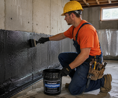 Worker in orange shirt and hard hat applying black waterproof coating to a concrete wall.
