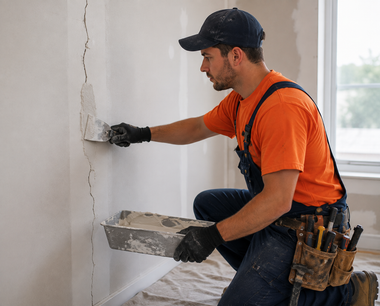 Worker in orange shirt applying plaster to a wall with a trowel, holding a hawk board in a room under renovation