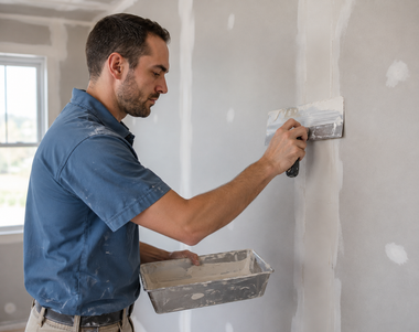 Person applying plaster to a wall with a trowel while holding a tray of compound.