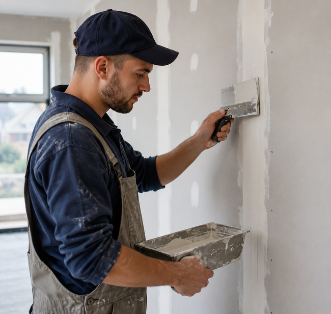 Worker applying plaster to a wall with a trowel in a room under renovation