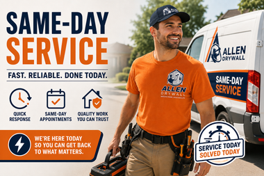 Plumber in orange uniform beside service van with “Same-Day Service” ad and icons for fast, reliable repairs