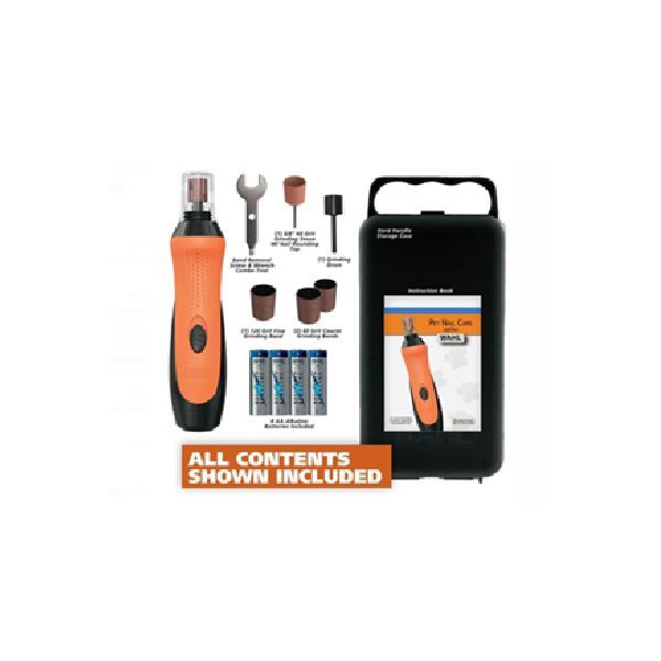 Juego de herramientas rotativas de color naranja y negro con accesorios y estuche de transporte.
