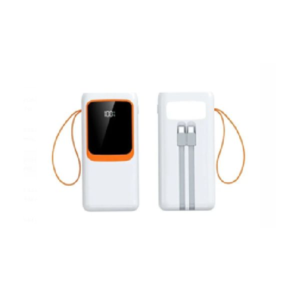 Dispositivo portátil de color blanco y naranja con pantalla y asa, vista frontal y posterior.