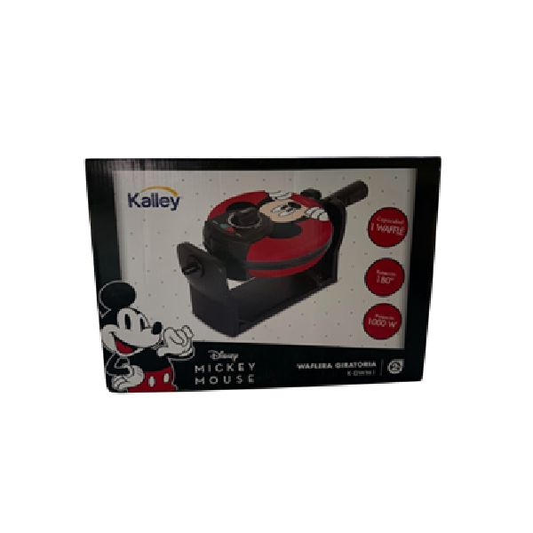 Caja con juguete de Mickey Mouse, colores negro y rojo, figura de dibujos animados.