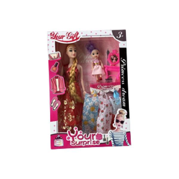 Juego de muñecas de juguete en caja rosa y blanca, que incluye dos muñecas, ropa y accesorios.