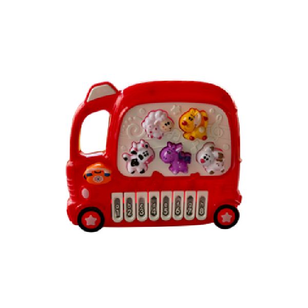 Autobús de juguete rojo con botones de animales y teclas de piano.