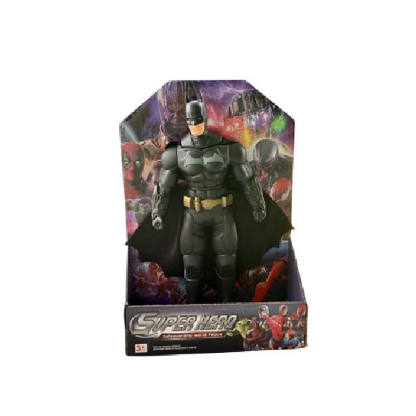 Figura de acción de Batman en una caja con gráficos de superhéroe.