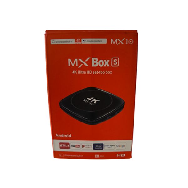 Caja para decodificador Android TV MX10 S. Color naranja y negro, con nombre del producto y texto 4K Ultra HD.