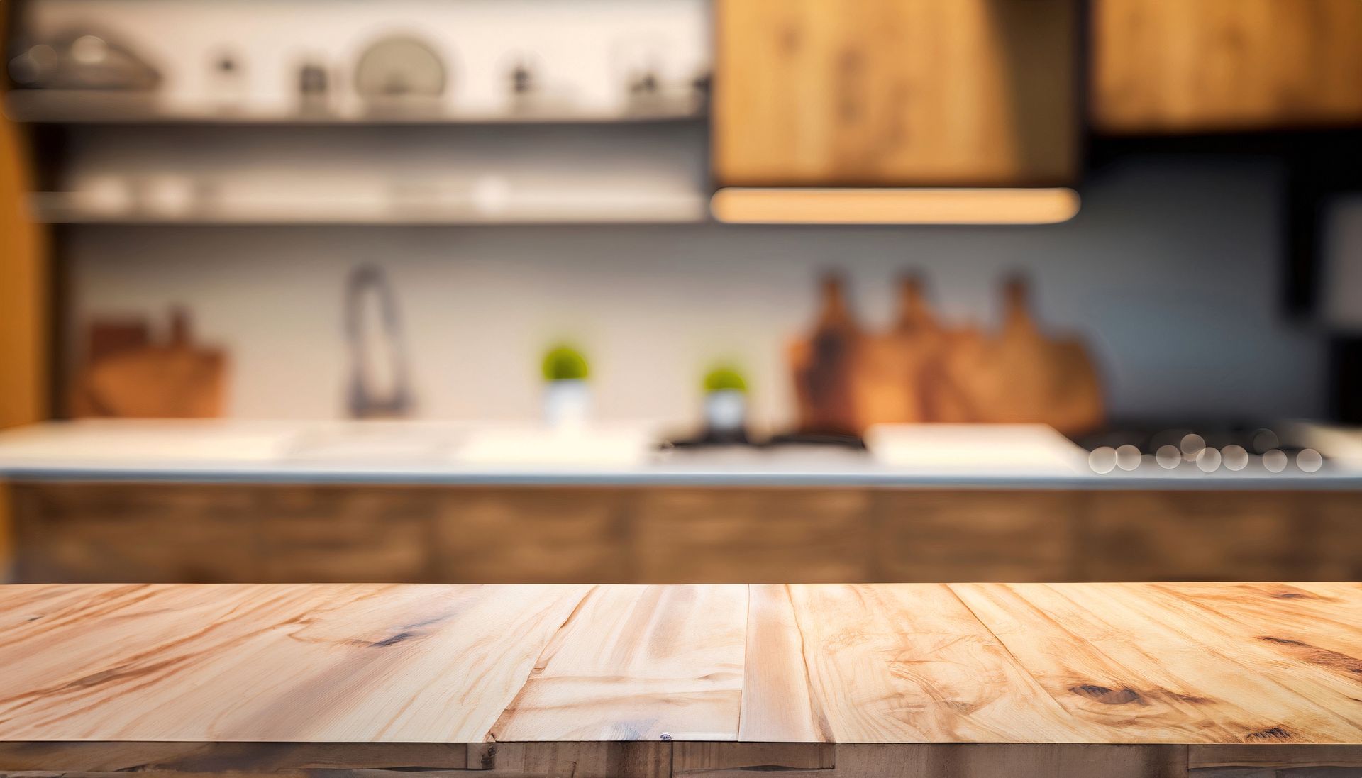 A wooden table in front of a blurred kitchen.