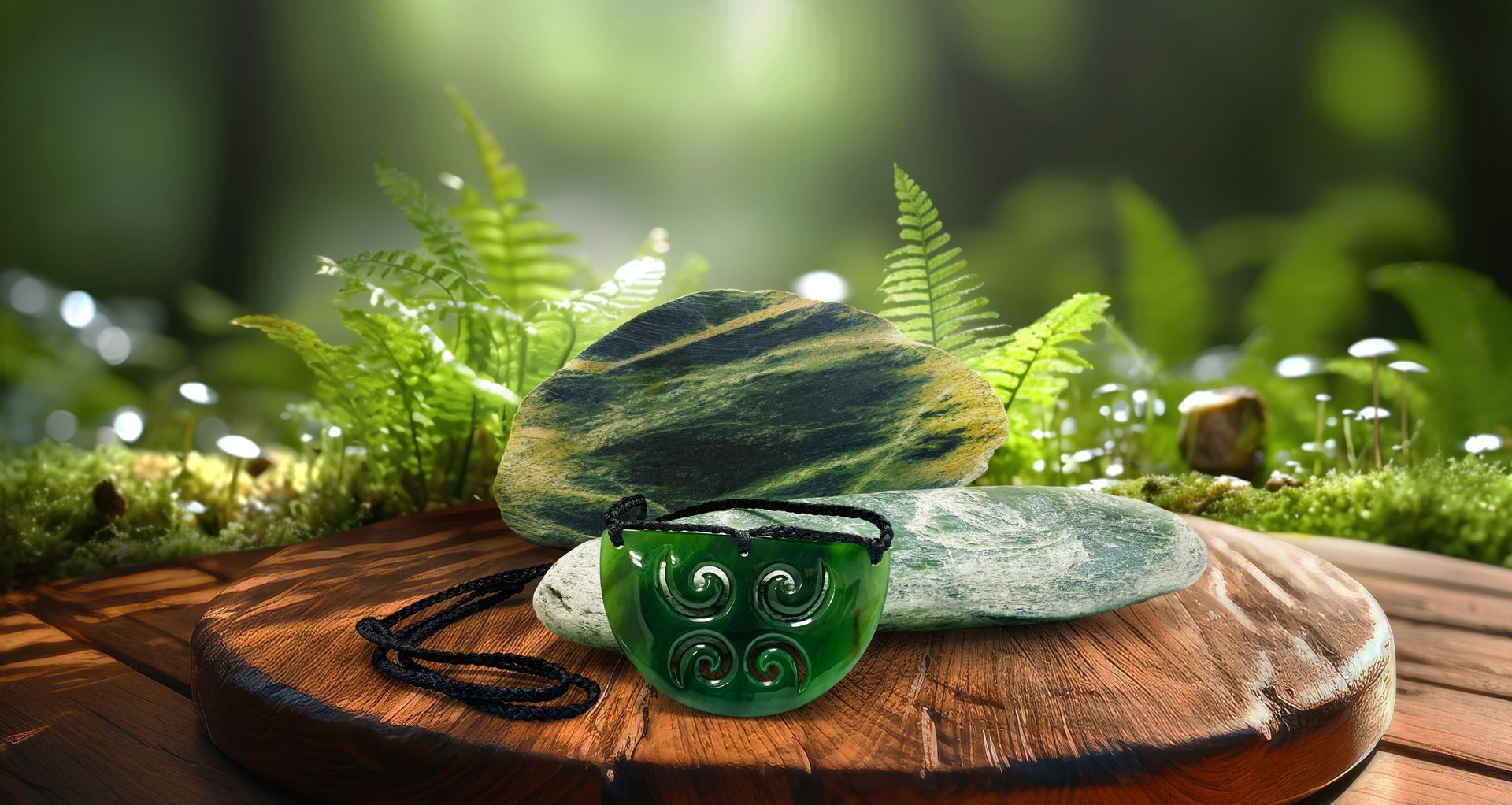 A pounamu pendant is sitting on top of a wooden table.