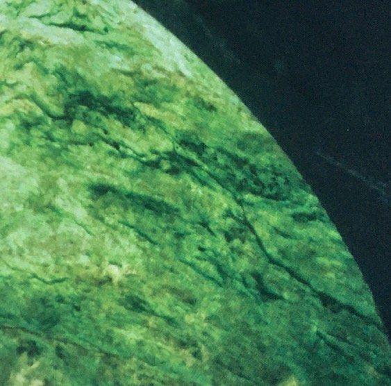A close up of a green rock with a black background