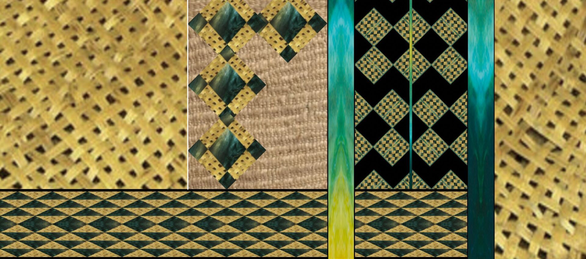 A collage of three different patterns on a wall.