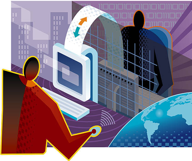 Person using a computer, transferring data to a building silhouette; world and binary code background.