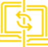 Yellow graphic of two computers exchanging data.