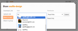 Share seaffile-design dialog with user suggestions: xjkilling@yeah.com, Shuai Lin, and xjkilling@gmail.com. Permission