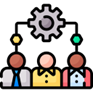Team of diverse people connected to a gear icon, representing teamwork.