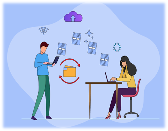 Man and woman working on laptops, file sharing, and uploading documents to the cloud.