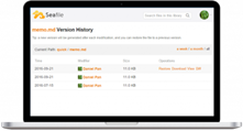 Laptop displaying Seafile version history of a text file. Shows dates, versions, sizes, and operations.