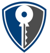 Blue and gray shield with a white key, symbolizing security and access.