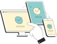 Hand interacting with multiple devices, all displaying checkmarks, indicating synced progress.