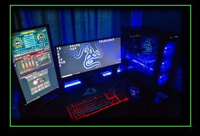 A computer desk with two monitors , a keyboard , and a computer case.