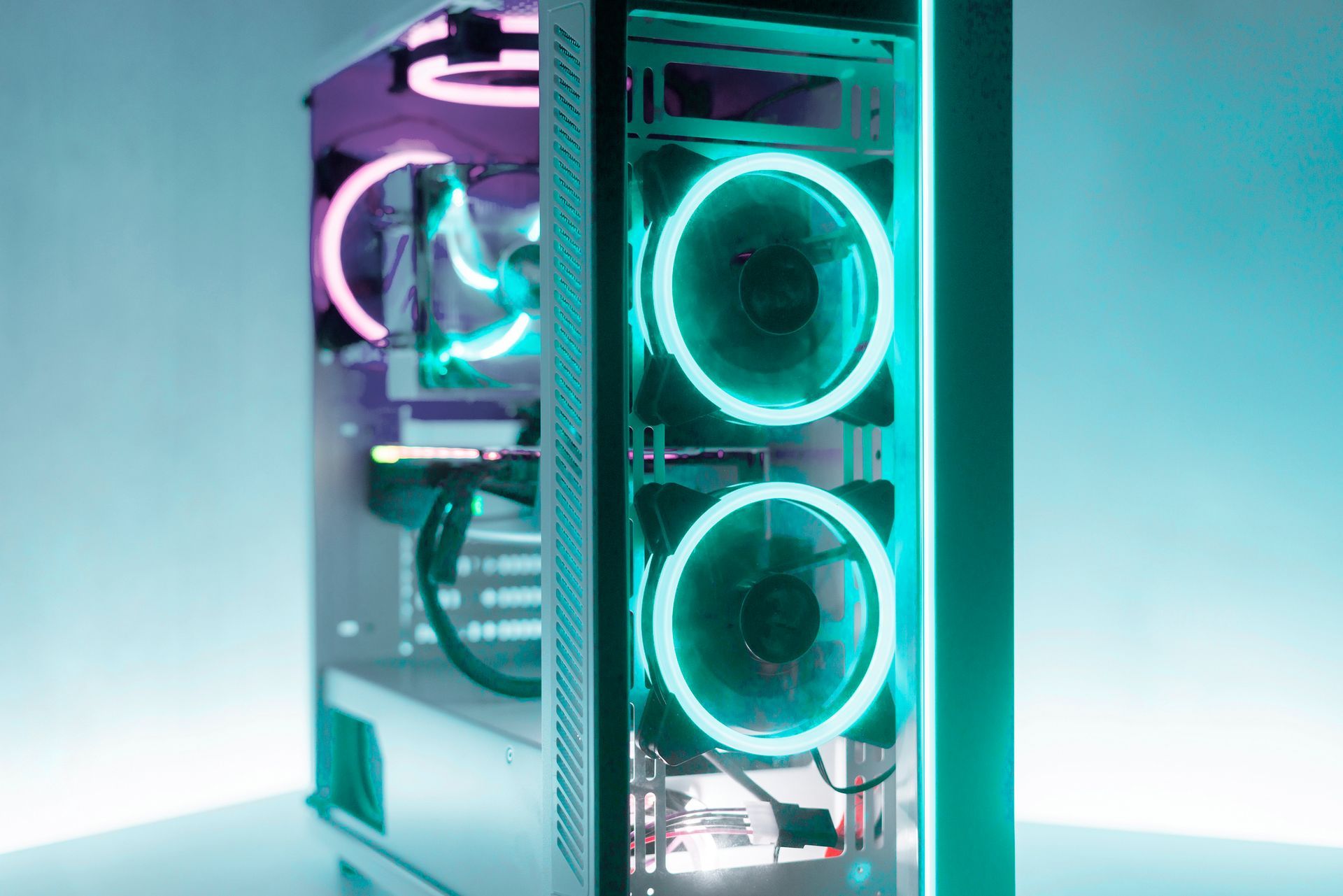 A new, modern, powerful gaming computer with beautiful RGB lights.