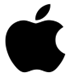 Black silhouette of an apple with a bite taken out of the right side and a leaf at the top.